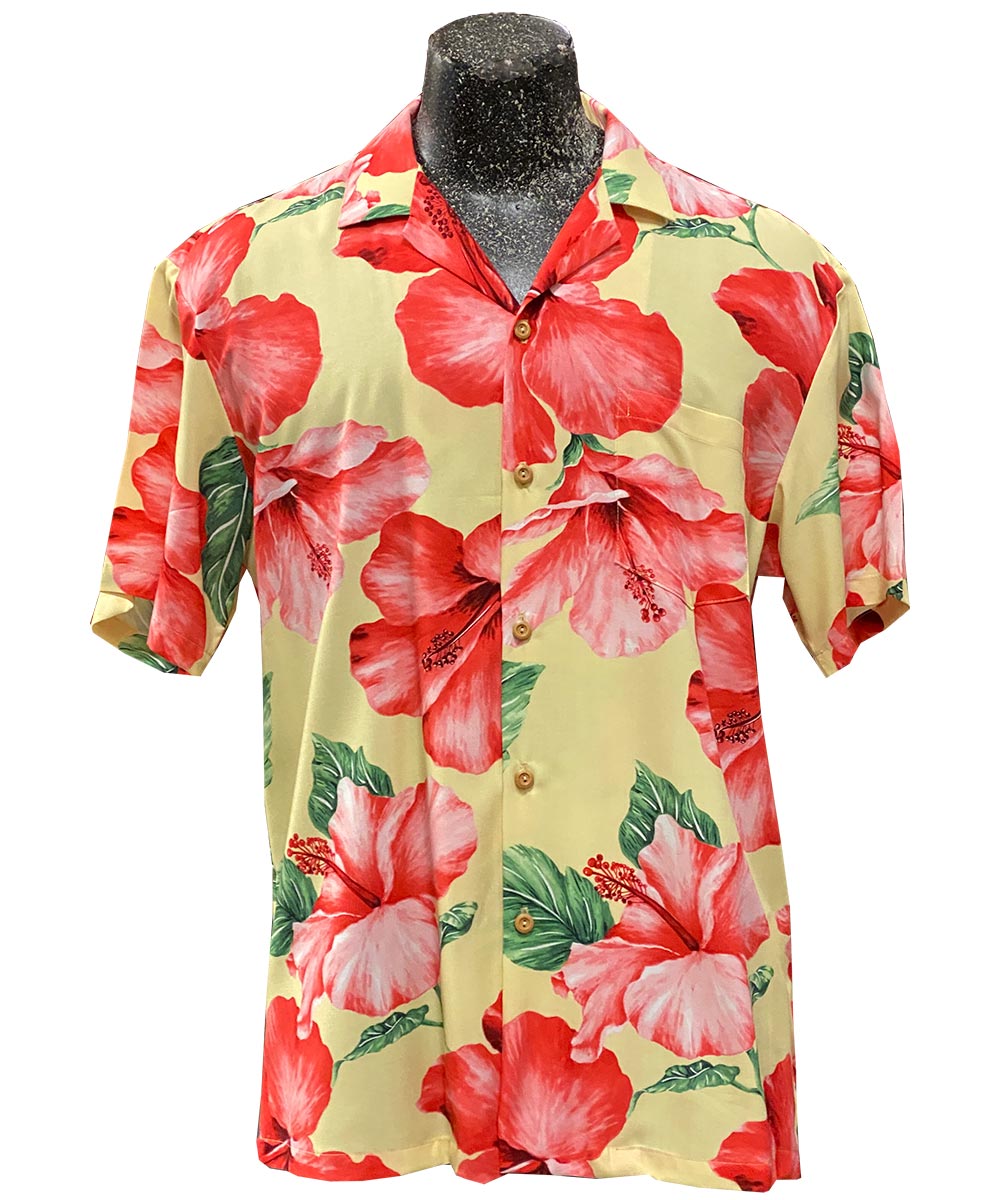 Paradise Found Hibiscus Blossom Yellow Rayon Men's Hawaiian Shirt , 2XL