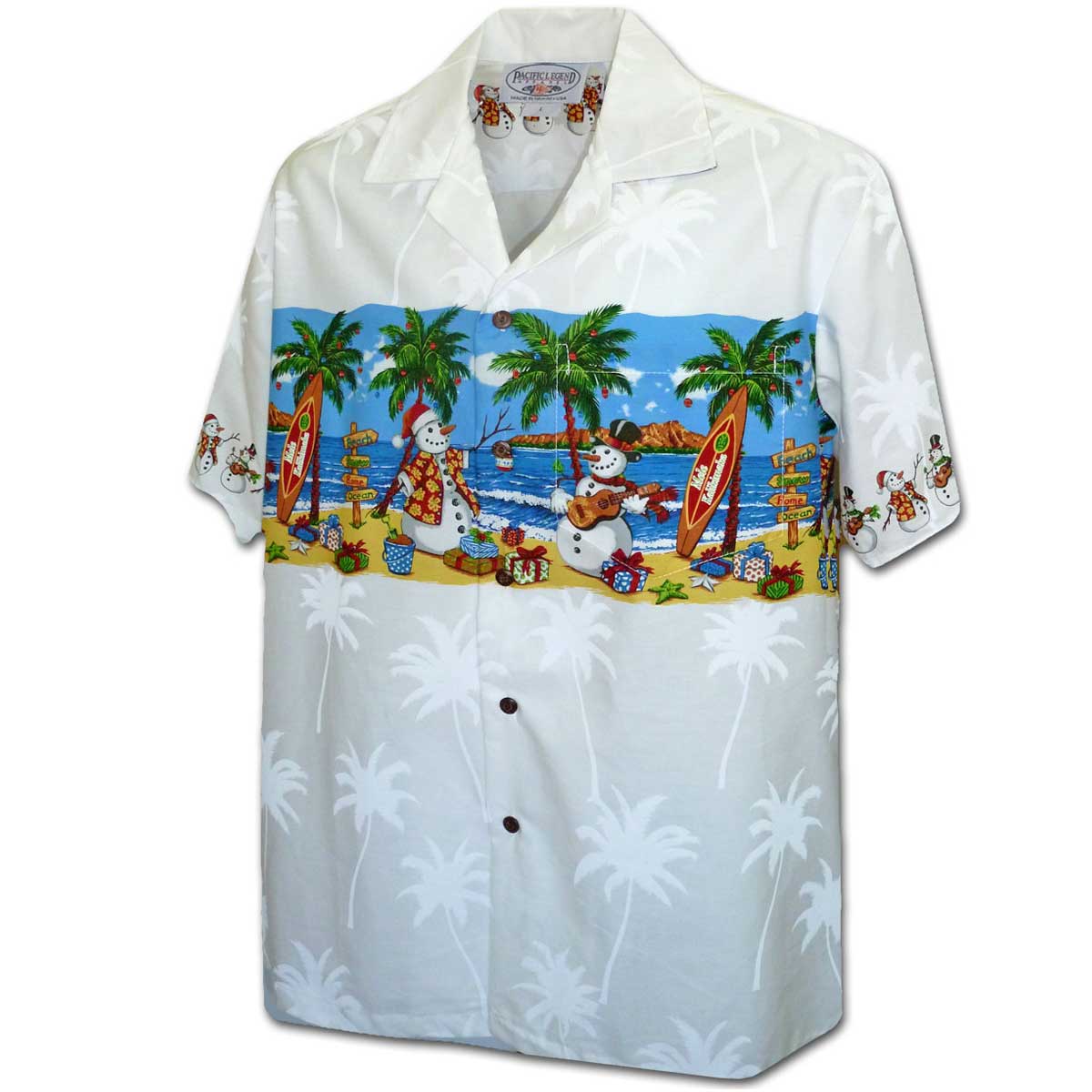 Pacific Legend Snowmen on the Beach - White | Aloha Shirt Shop