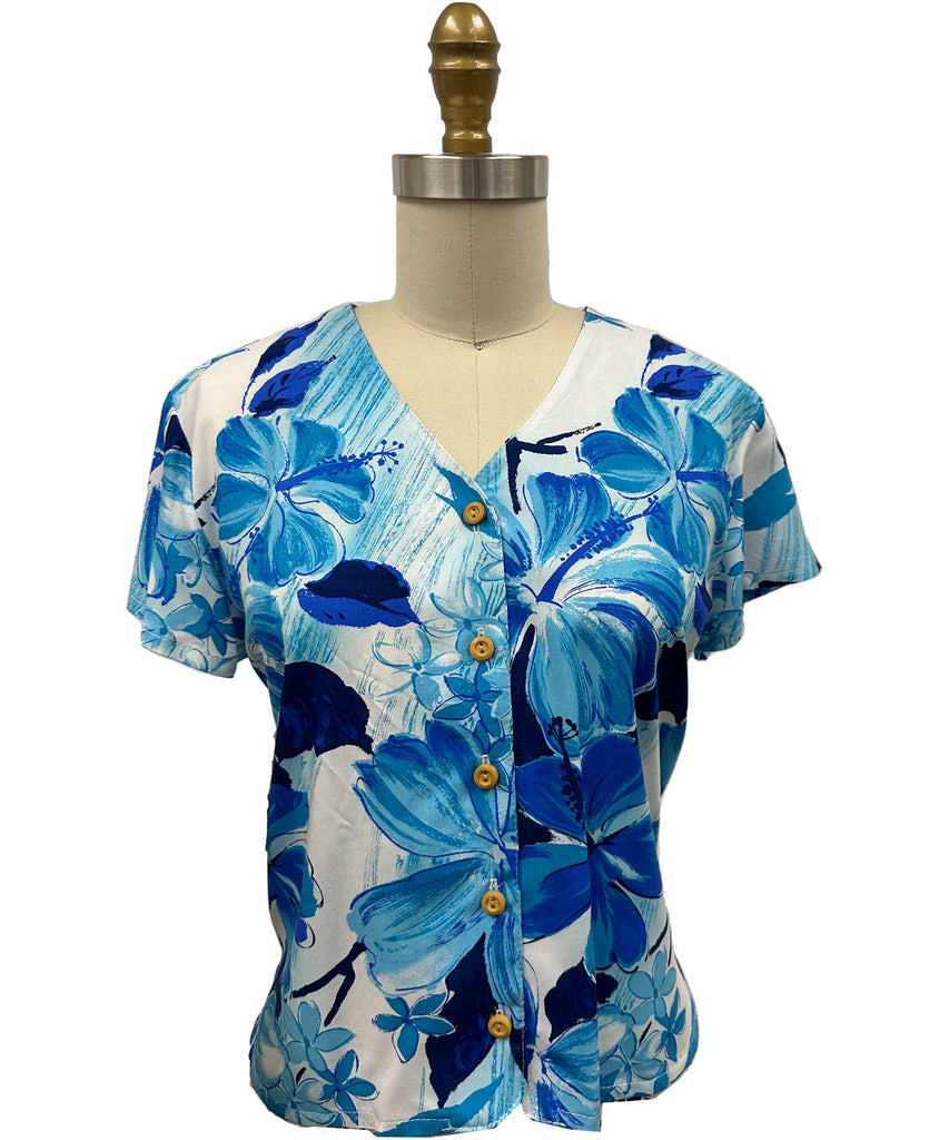 Paradise Found Watercolor Hibiscus Blue Hawaiian Shirt X-Large