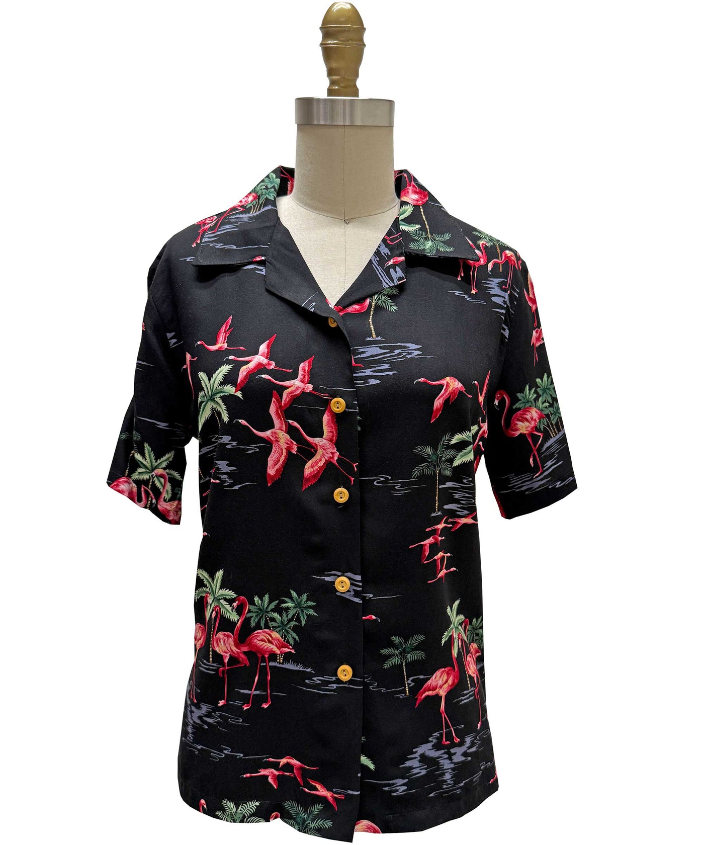 Ladies Fine Flamingos Black Camp Shirt