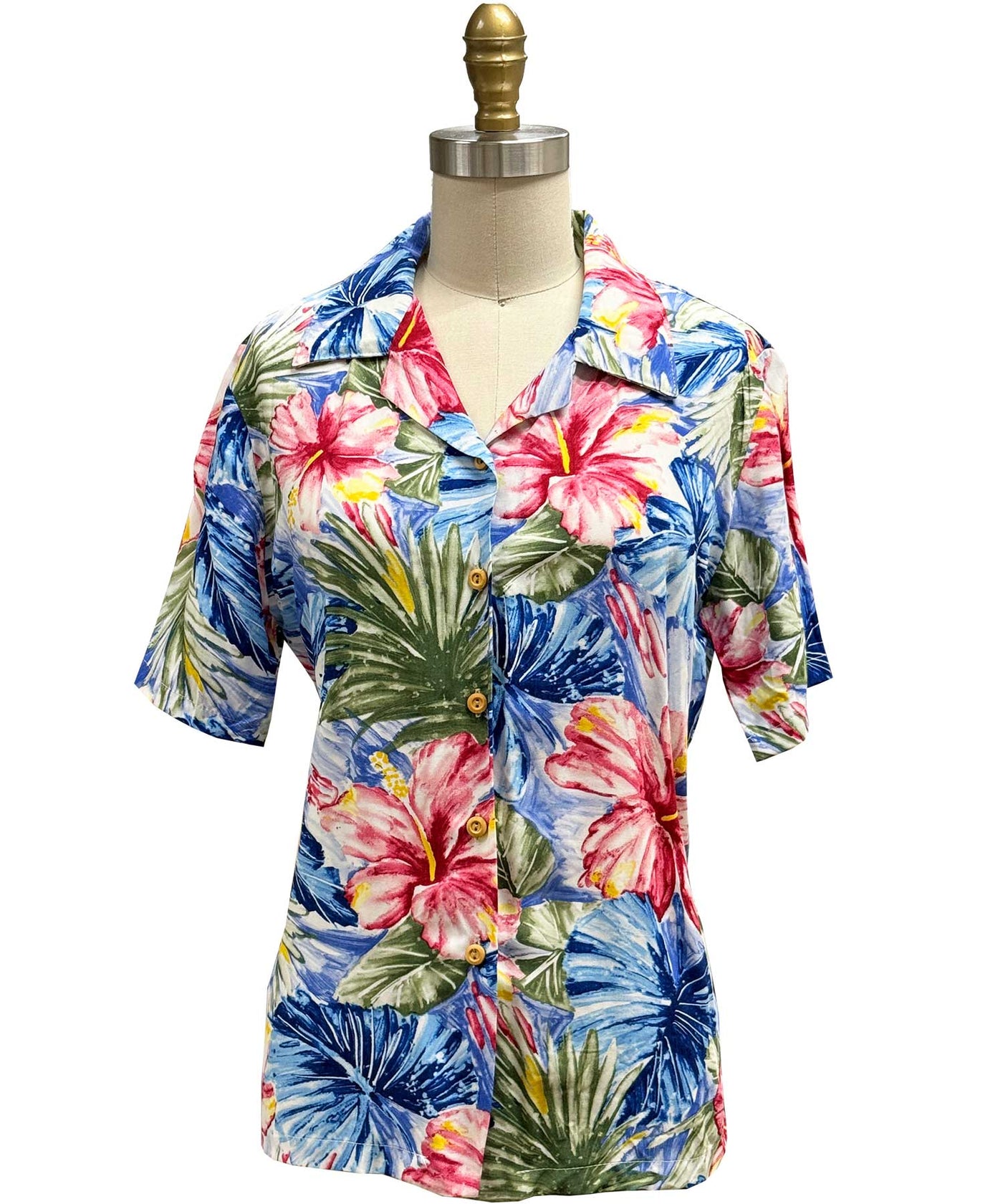 Ladies Painted Hibiscus Blue Camp Shirt