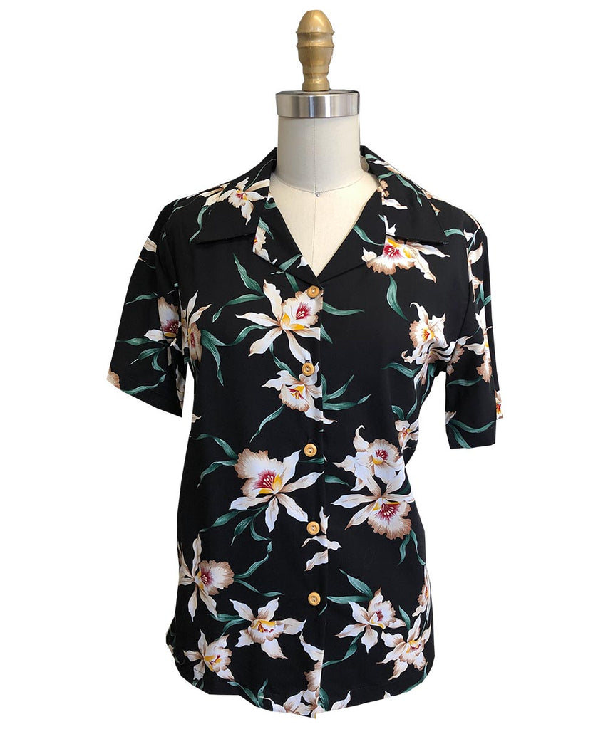 Paradise Found Ladies Star Orchid - Black | Aloha Shirt Shop